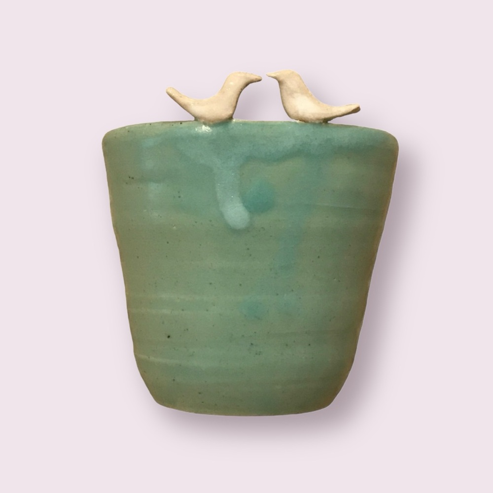 Teal Blue & White Kissing Birds Planter Small Round Ceramic Pottery Garden Decor